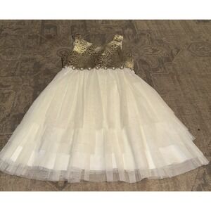 American Princess Girls Formal White Tulle Gold Dress Lace Size 10 Youth NWOT